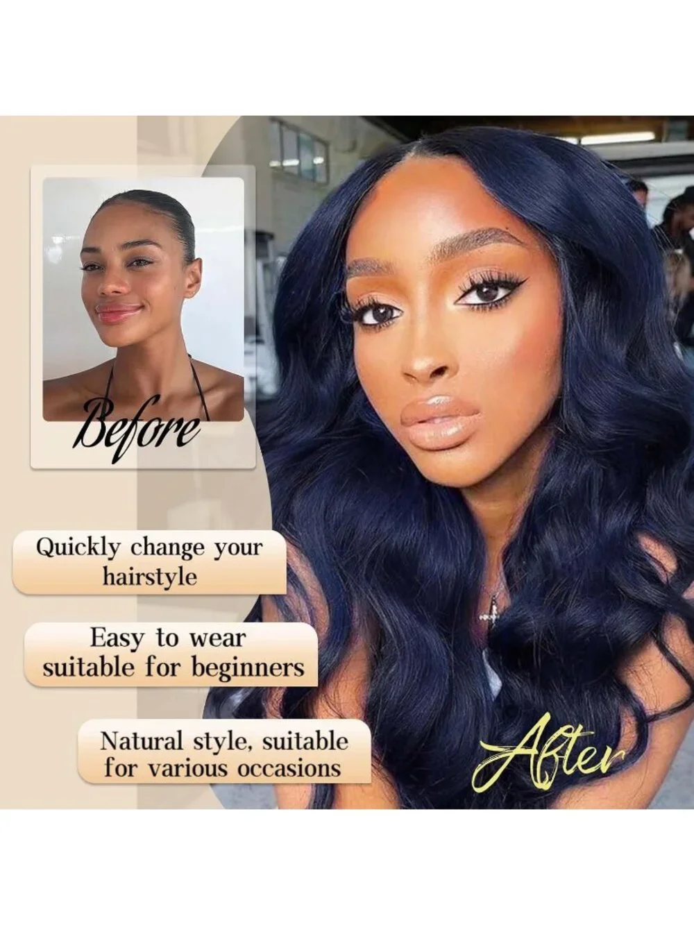 Women's Dark Blue Lace Hairline 26 Inch Synthetic Heat Resistant Wavy Wigs